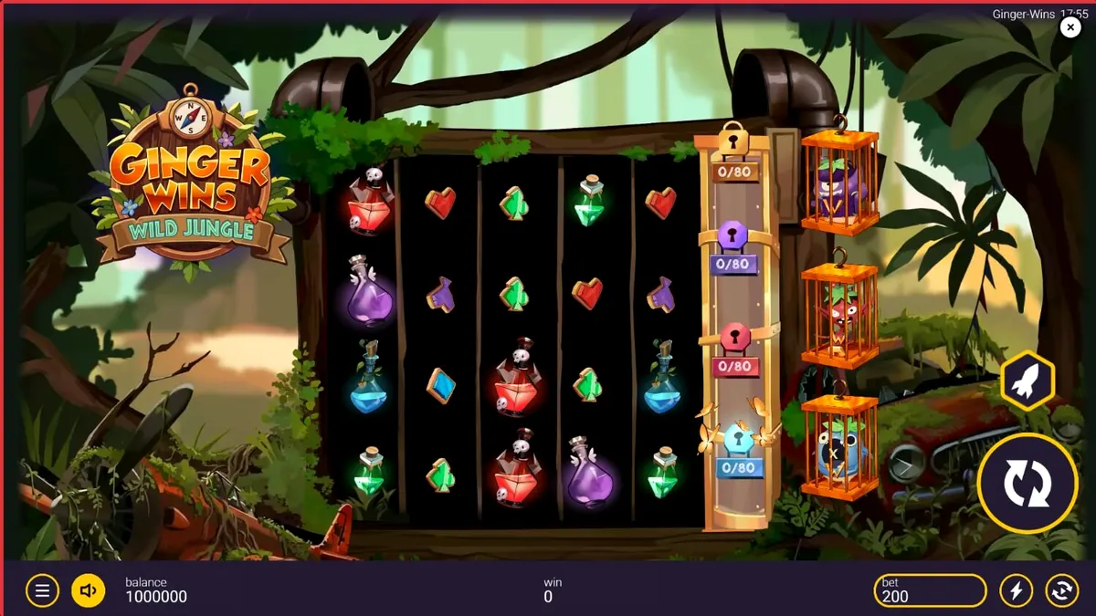 Tampilan visual slot Ginger Wins Wild Jungle dengan tema hutan dan simbol botol berwarna.