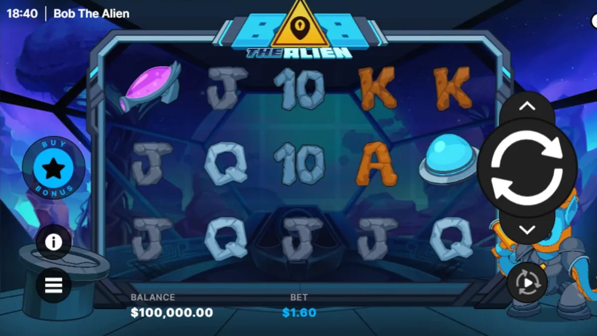 Tampilan visual neon cyberpunk dari slot Bob The Alien