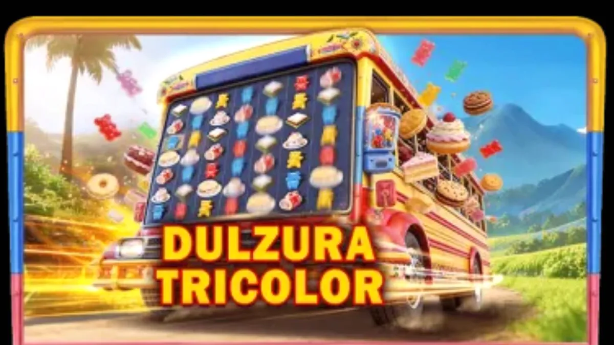Tampilan visual slot Dulzura Tricolor dengan tema tropis dan simbol kue yang manis