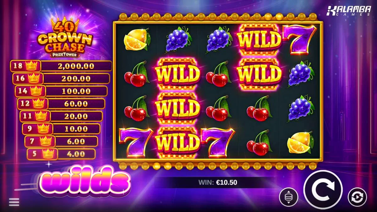 Tampilan visual slot 40 Crown Chase PrizeTower dengan simbol mahkota dan buah-buahan.